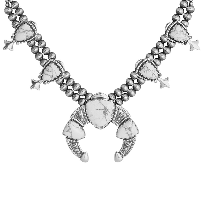 Sterling Silver White Howlite Arrowhead Squash Blossom Statement Necklace, 18 to 21 Inches