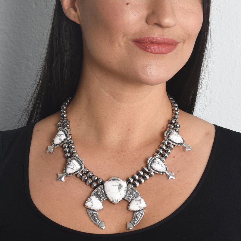 Sterling Silver White Howlite Arrowhead Squash Blossom Statement Necklace, 18 to 21 Inches