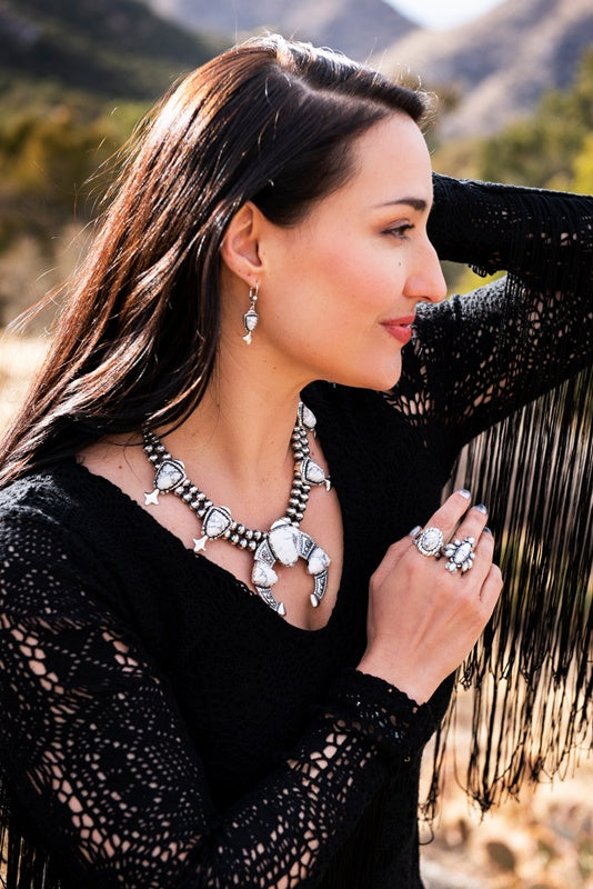 Sterling Silver White Howlite Arrowhead Squash Blossom Statement Necklace, 18 to 21 Inches