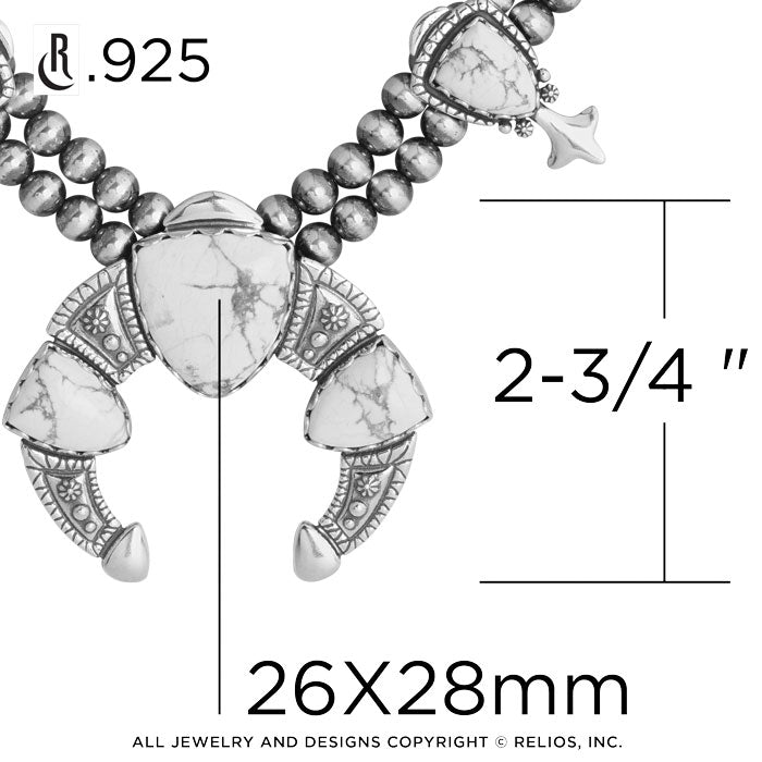 Sterling Silver White Howlite Arrowhead Squash Blossom Statement Necklace, 18 to 21 Inches