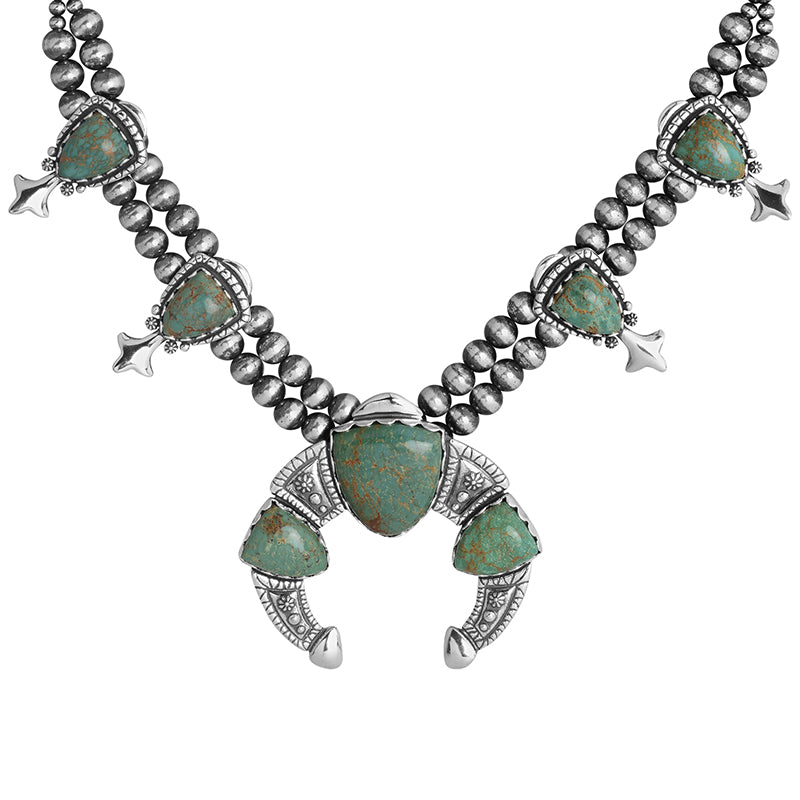 Sterling Silver Green Turquoise Gemstone Arrowhead Squash Blossom Statement Necklace 18 to 21 Inches