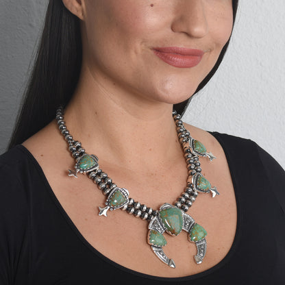 Sterling Silver Green Turquoise Gemstone Arrowhead Squash Blossom Statement Necklace 18 to 21 Inches