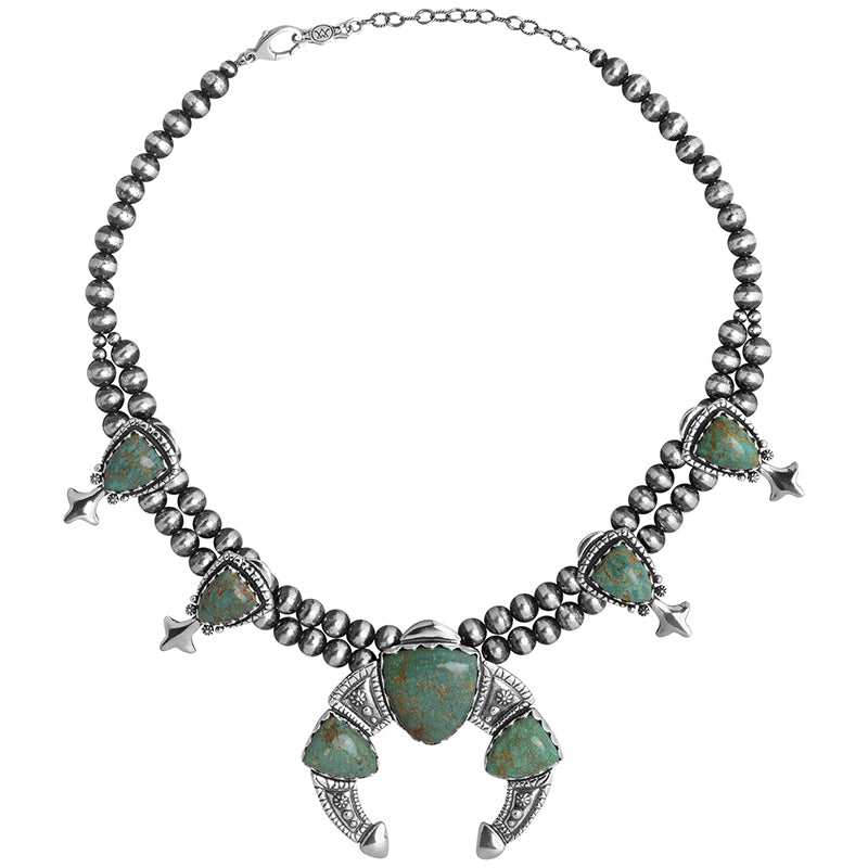 Sterling Silver Green Turquoise Arrowhead Squash Blossom Statement Necklace, 18 to 21 Inches