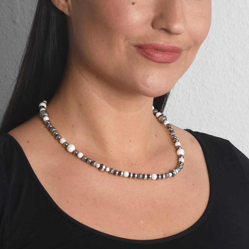 Sterling Silver White Howlite Gemstone Multi Beaded Necklace 17 to 19 Inch