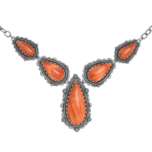 Sterling Silver Orange Spiny Pear Shaped Gemstone Statement Necklace 20 Inch