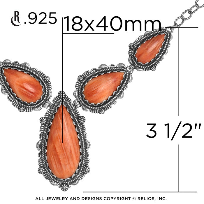 Sterling Silver Orange Spiny Pear Shaped Gemstone Statement Necklace 20 Inch