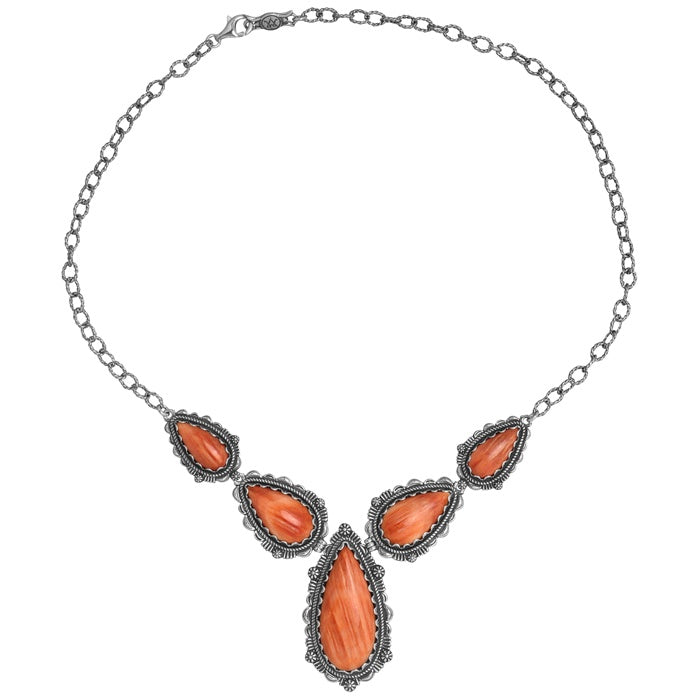 Sterling Silver Orange Spiny Oyster Pear-Shaped Gemstone Statement Necklace, 17 Inches