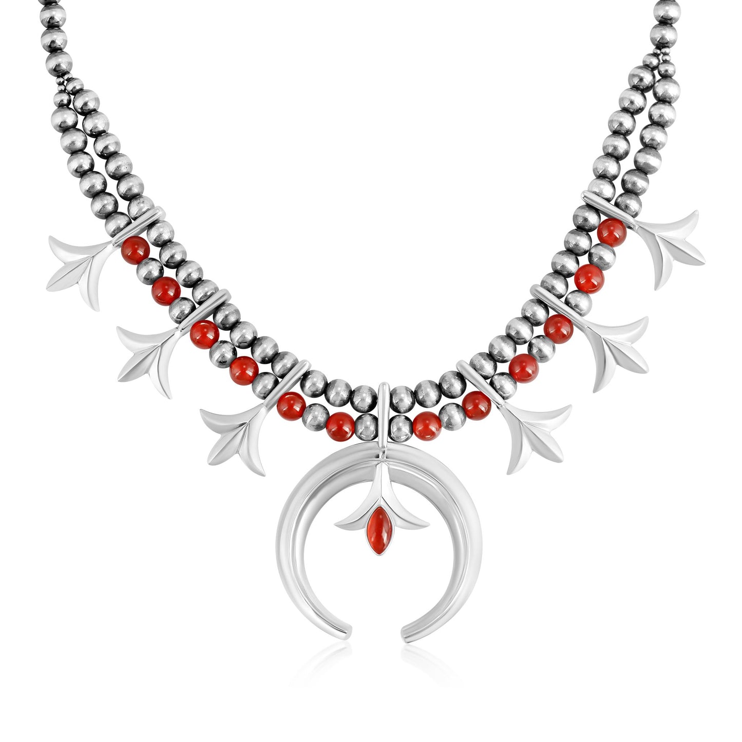 Sterling Silver Red Onyx and Red Agate Bead Squash Blossom Necklace