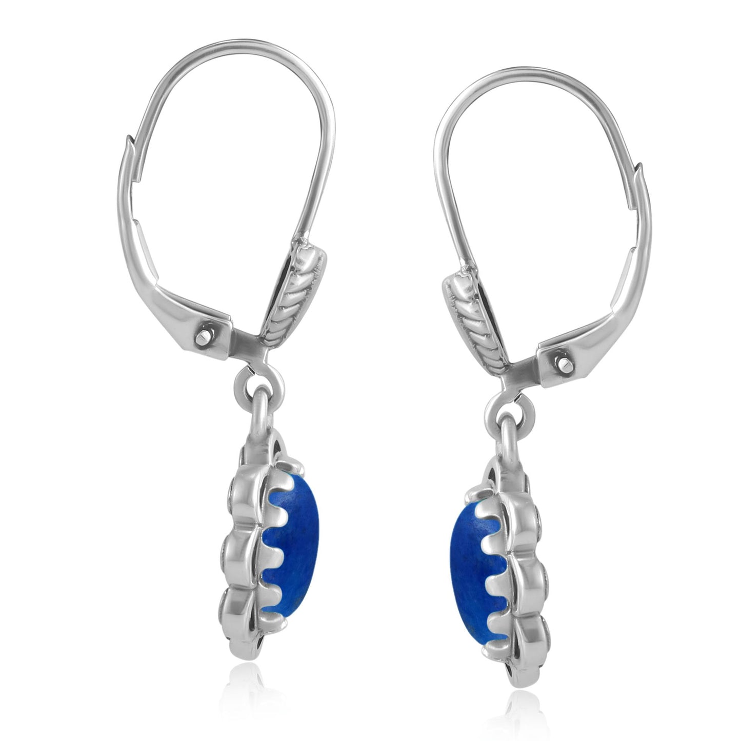 Sterling Silver Denim Lapis Concha Lever Back Dangle Earrings