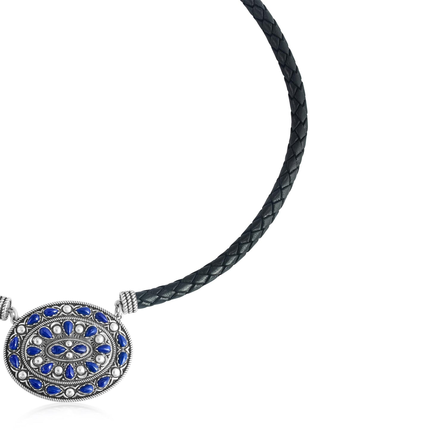 Sterling Silver Lapis Oval Pendant Black Leather Necklace