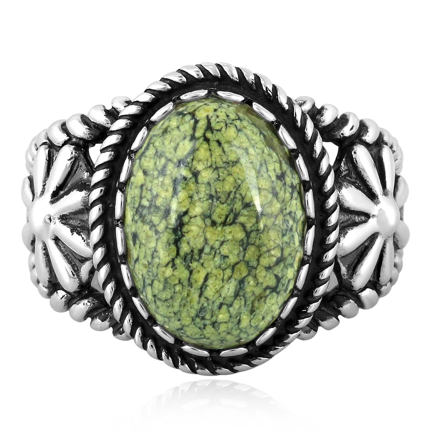 Sterling Silver Serpentine Concha Flower Ring, Sizes 5 to 11