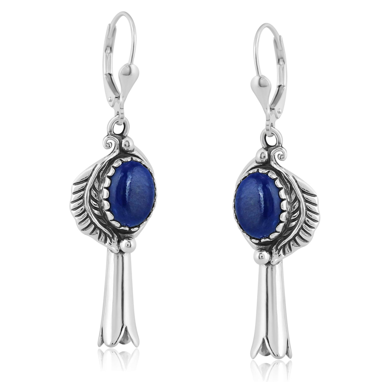 EXCLUSIVELY OURS! Sterling Silver Lapis Leaf and Squash Blossom Design Dangle Earrings