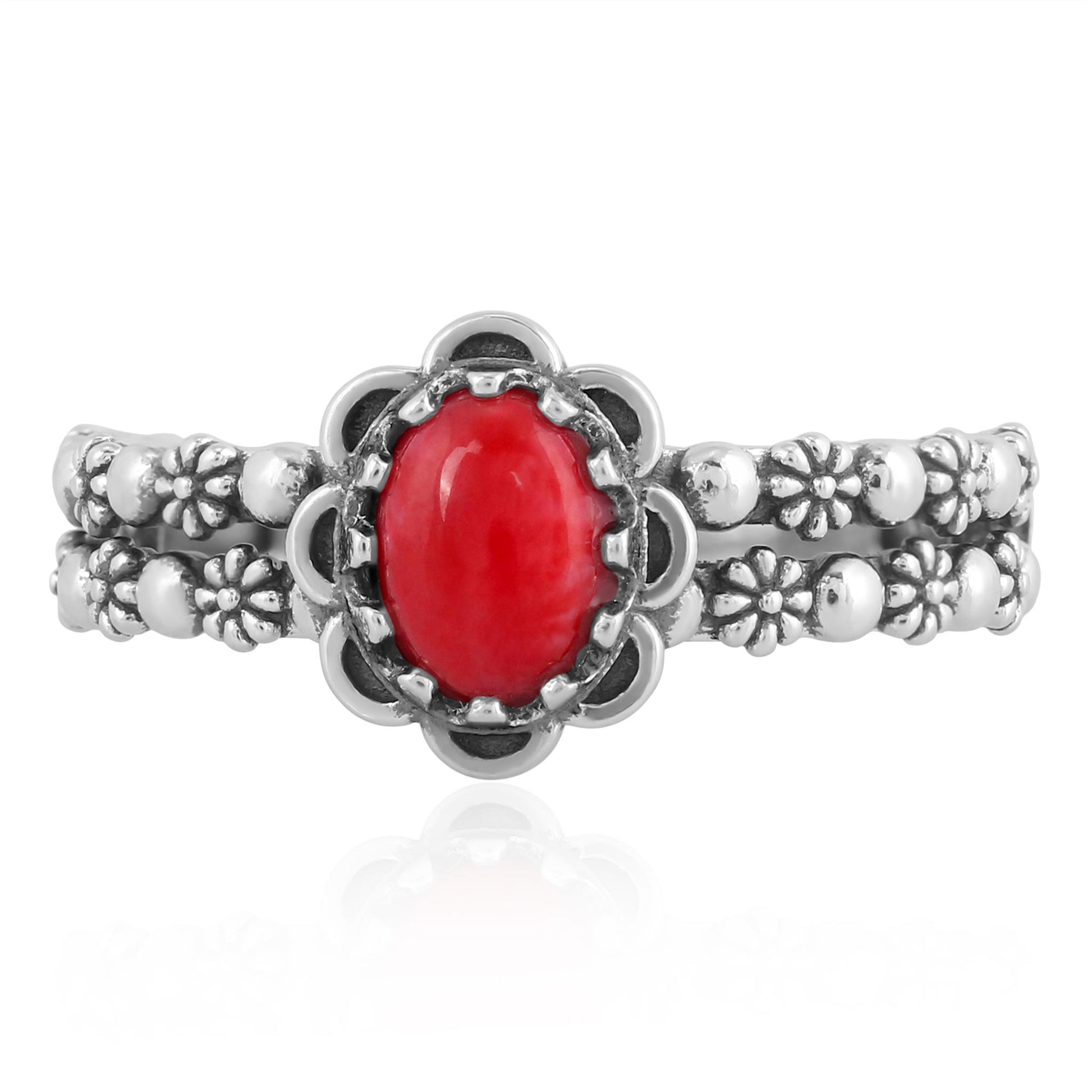 Sterling Silver Red Coral Double Row Concha Flower Ring