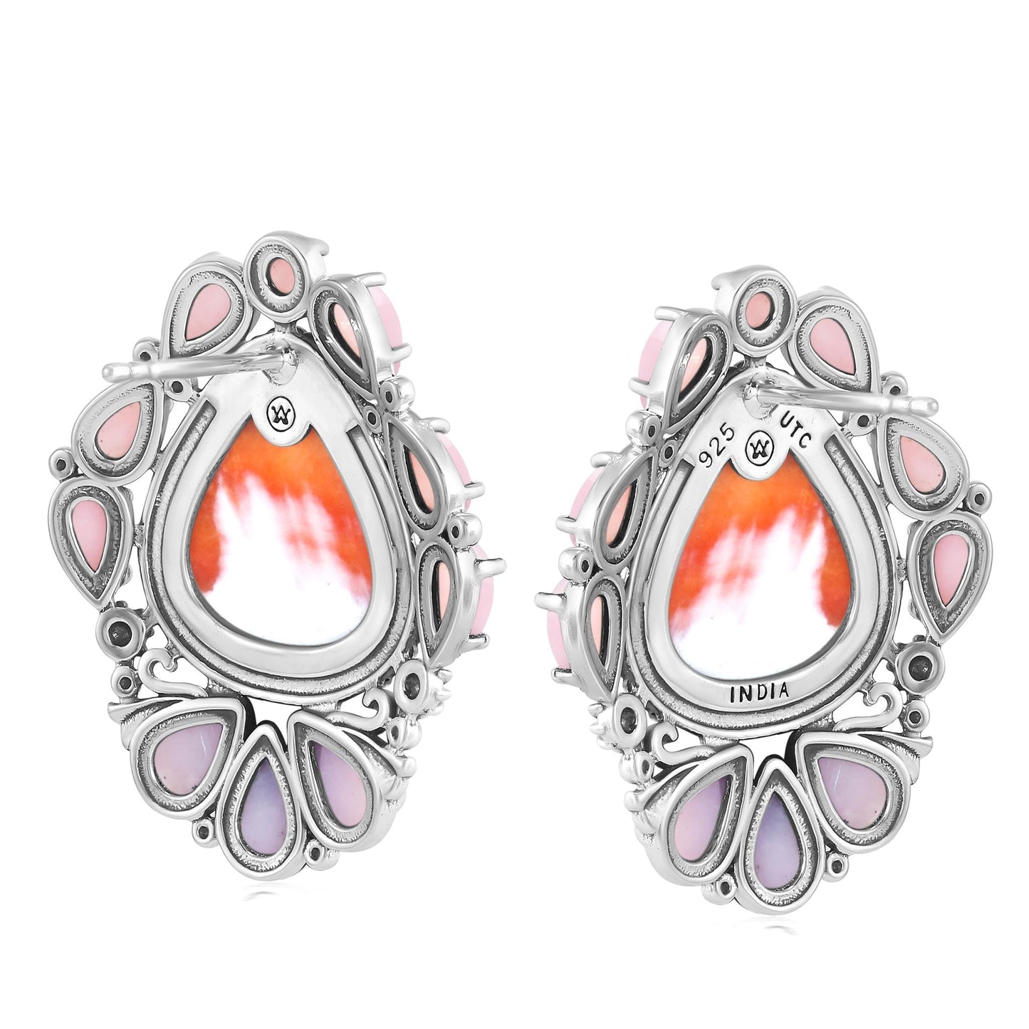 EXCLUSIVELY OURS! Sterling Silver Orange Spiny Oyster and Pink Opal Trillion, Pear and Oval Stud Earrings