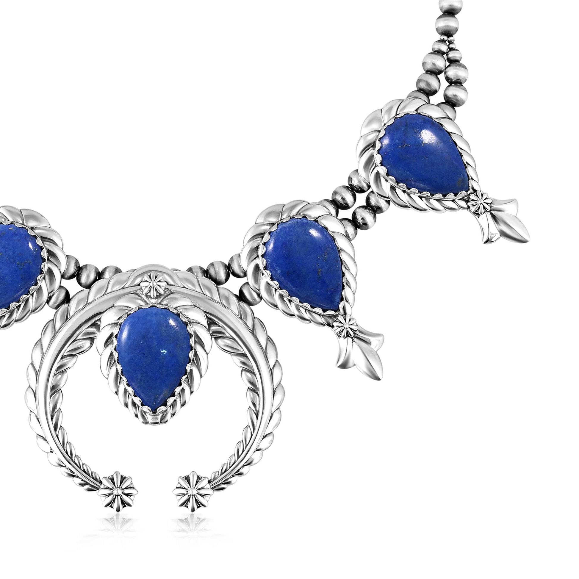 Sterling Silver Denim Lapis Pear-Cut Squash Blossom Necklace