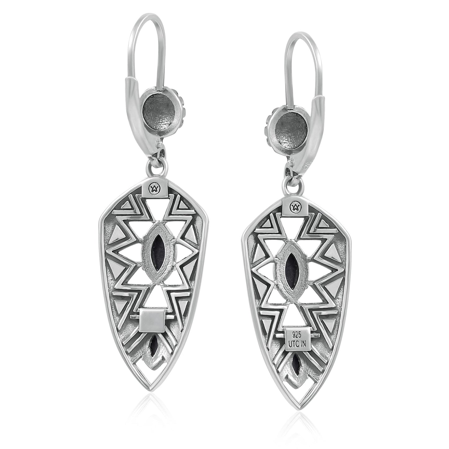 Sterling Silver Marquise Black Agate Patterned Lever Back Earrings