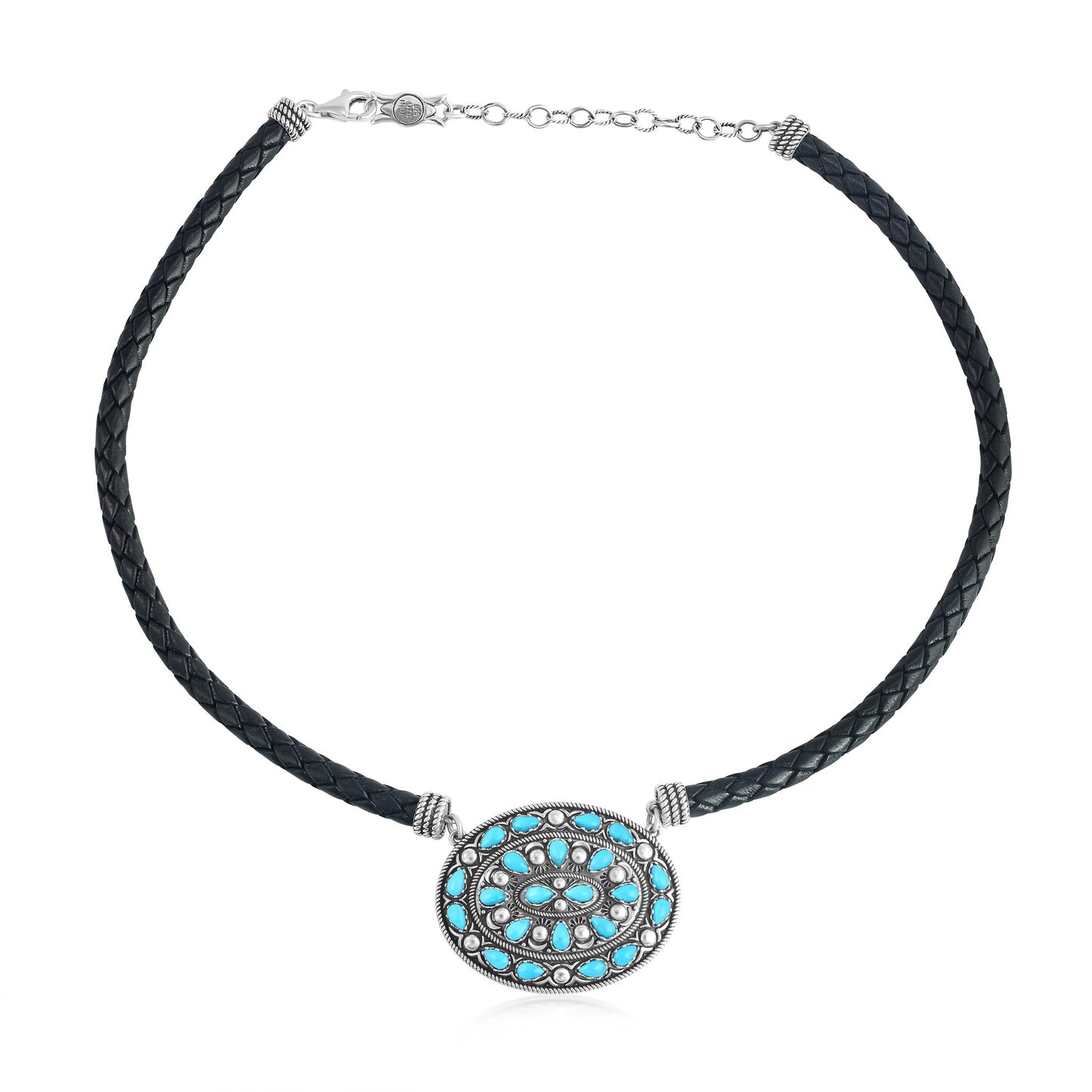 Sterling Silver Kingman Turquoise Oval Pendant Black Leather Necklace