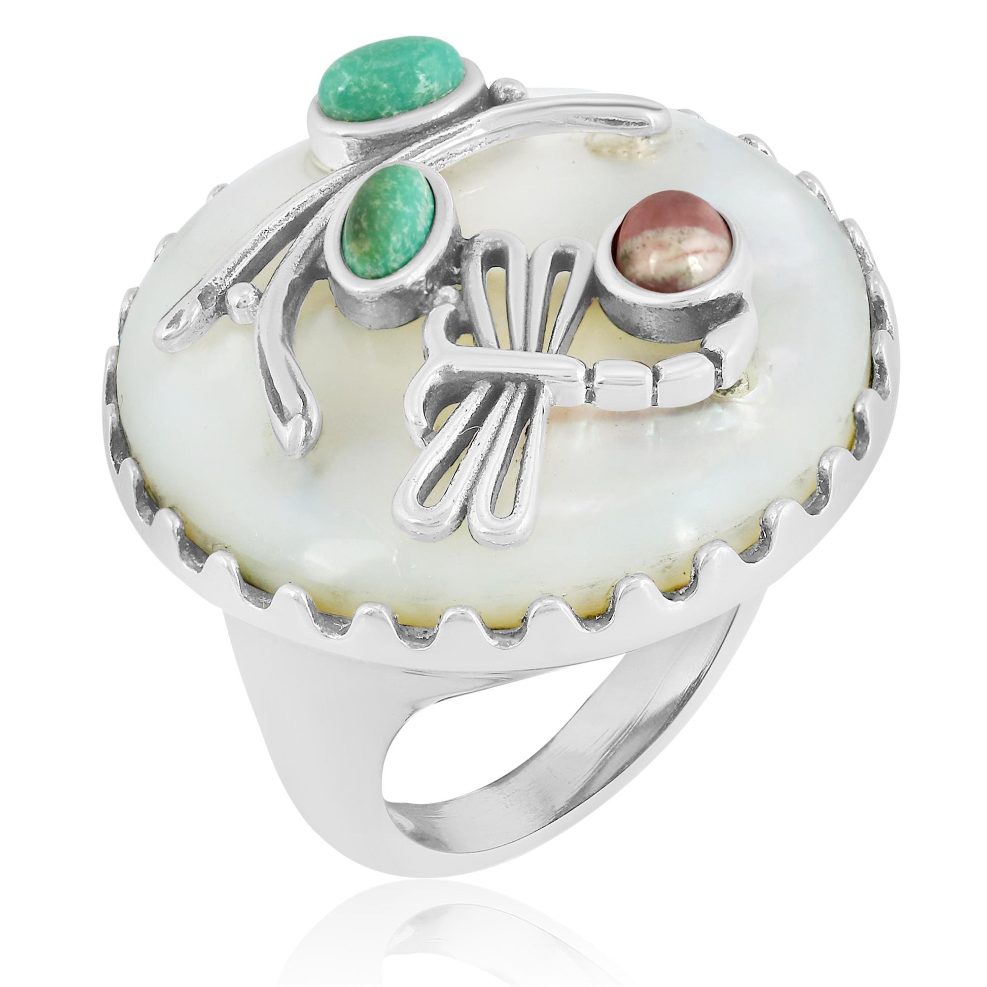 Sterling Silver Mop, Green Turquoise and Rhodochrosite Dragon Fly Ring, Size 7 and 10