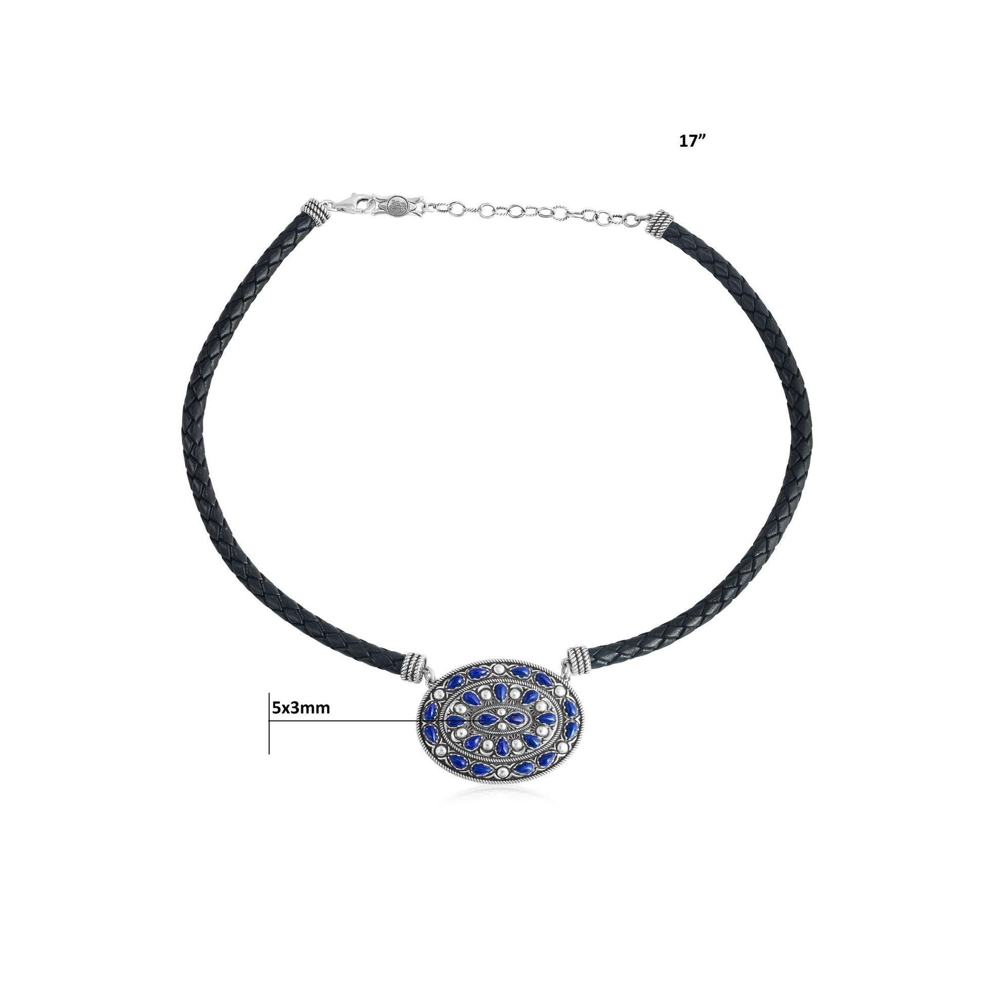 Sterling Silver Lapis Oval Pendant Black Leather Necklace