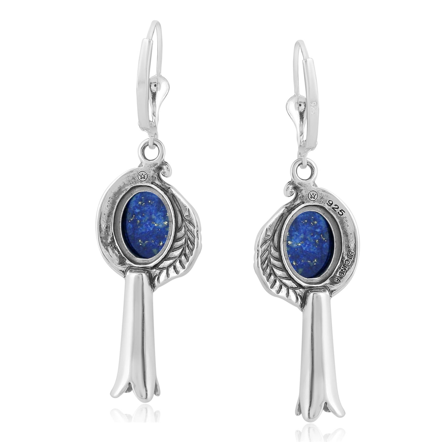 EXCLUSIVELY OURS! Sterling Silver Lapis Leaf and Squash Blossom Design Dangle Earrings