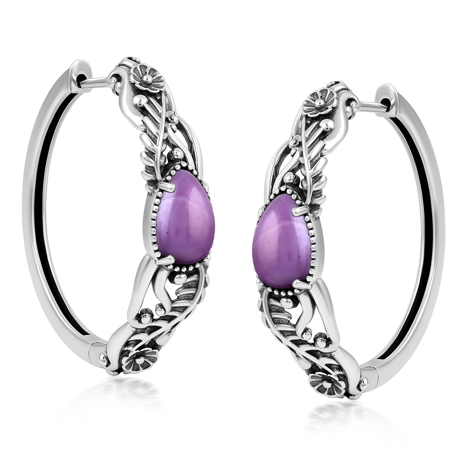 Sterling Silver Phosphosiderite Vine and Leaf Hoop Earrings