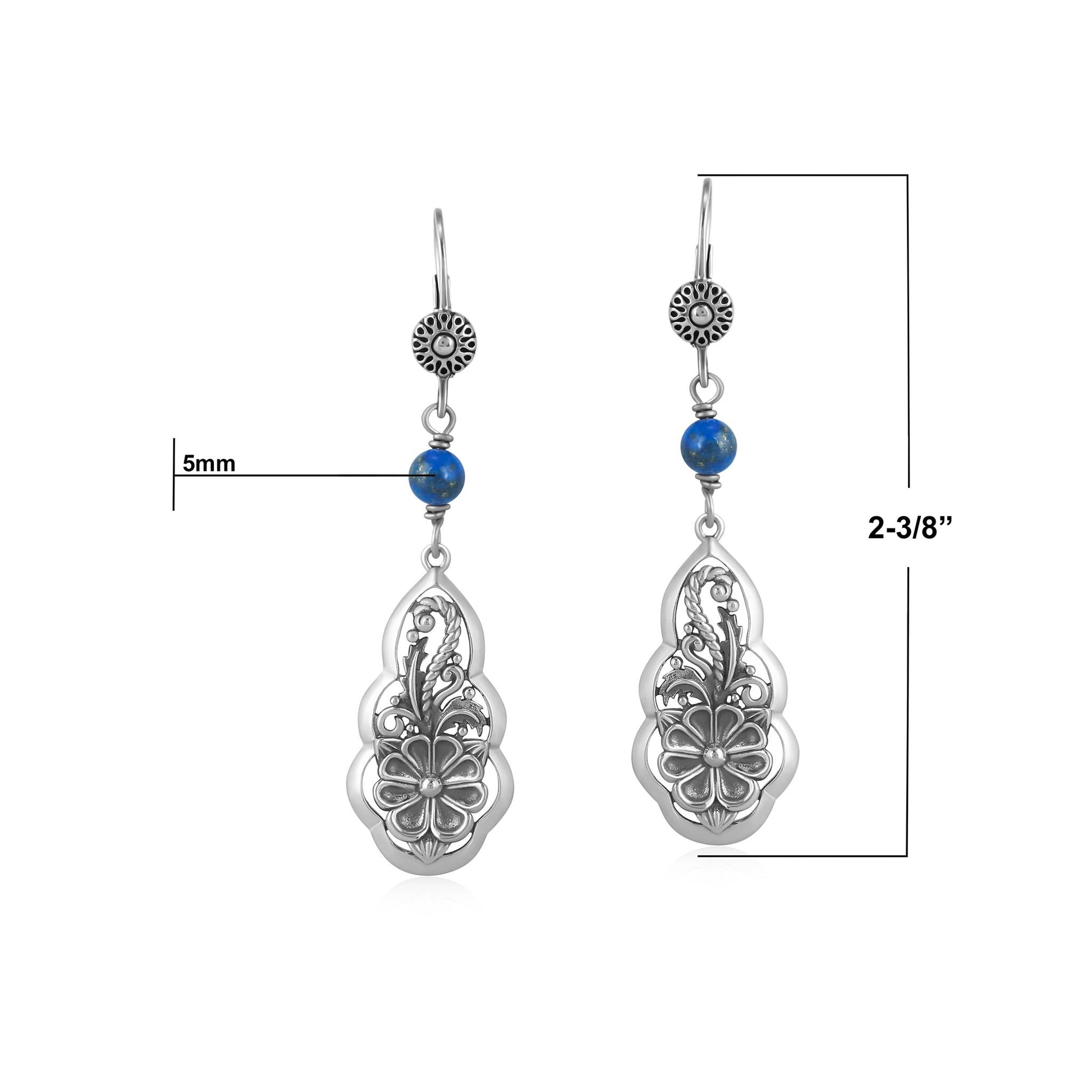 Sterling Silver Lapis Flower Gemstone Bead Lever Back Earrings