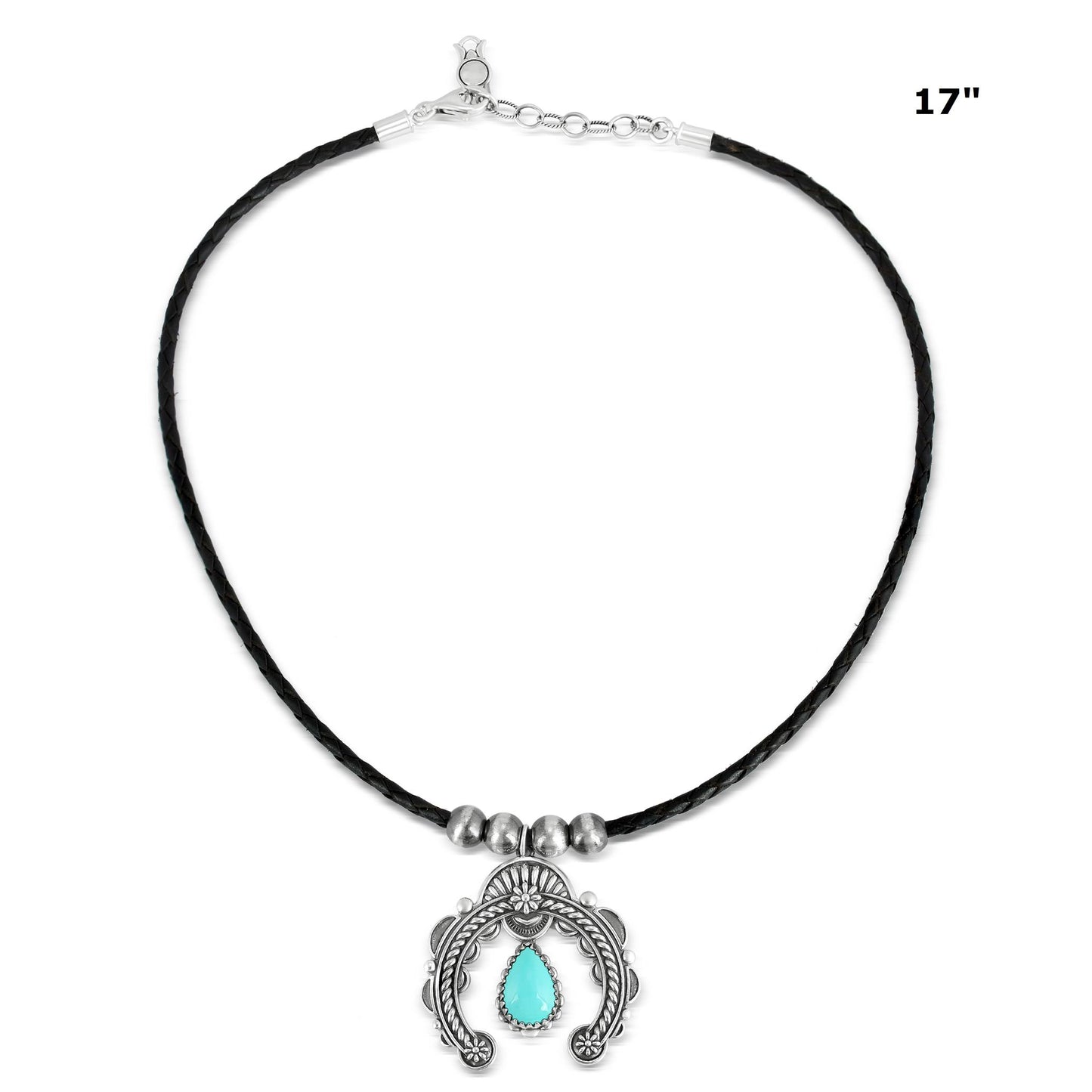 Sterling Silver Blue Turquoise and Black Leather Pear Gemstone Naja Necklace