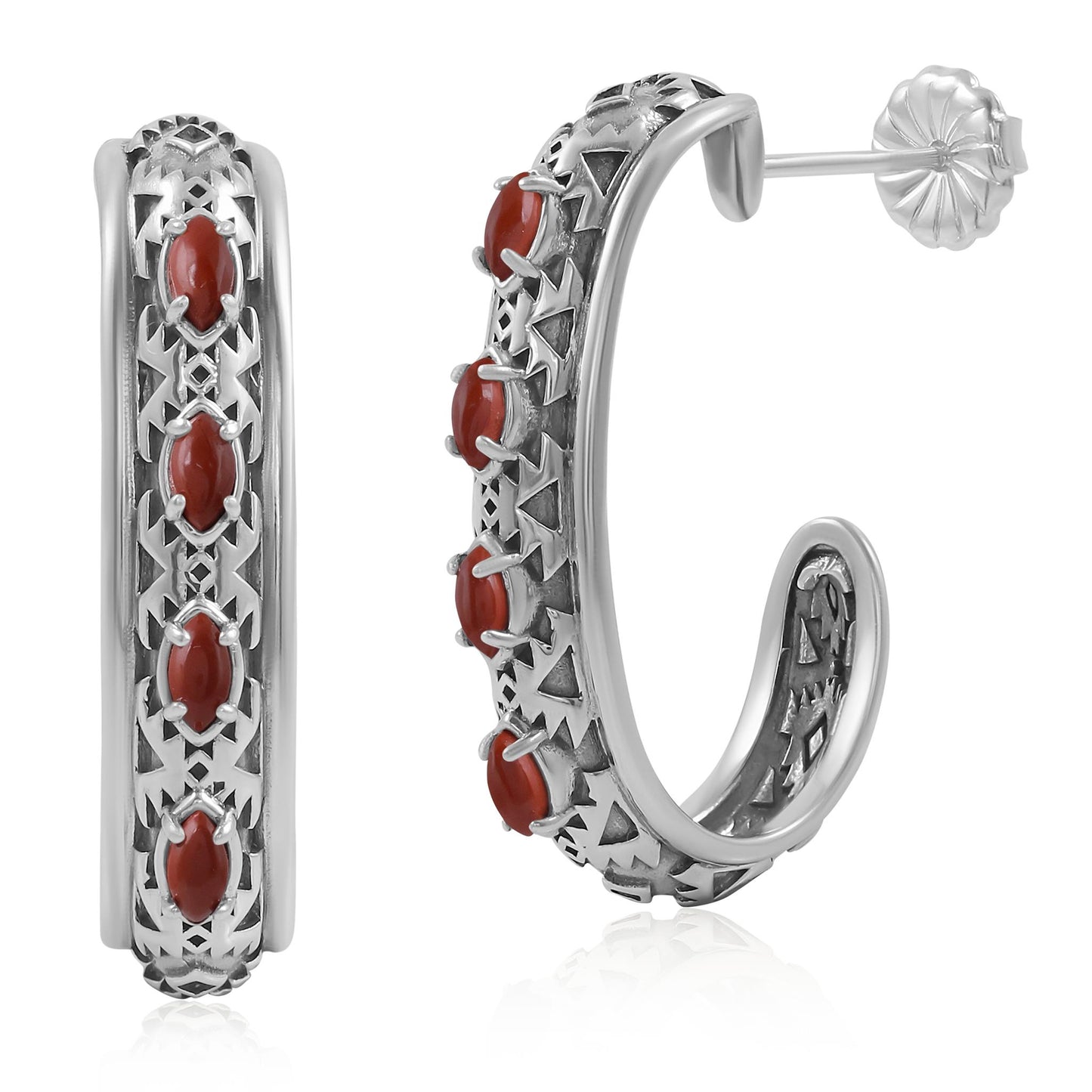 Sterling Silver Red Jasper Patterned J-Hoop 1 Inch Earrings