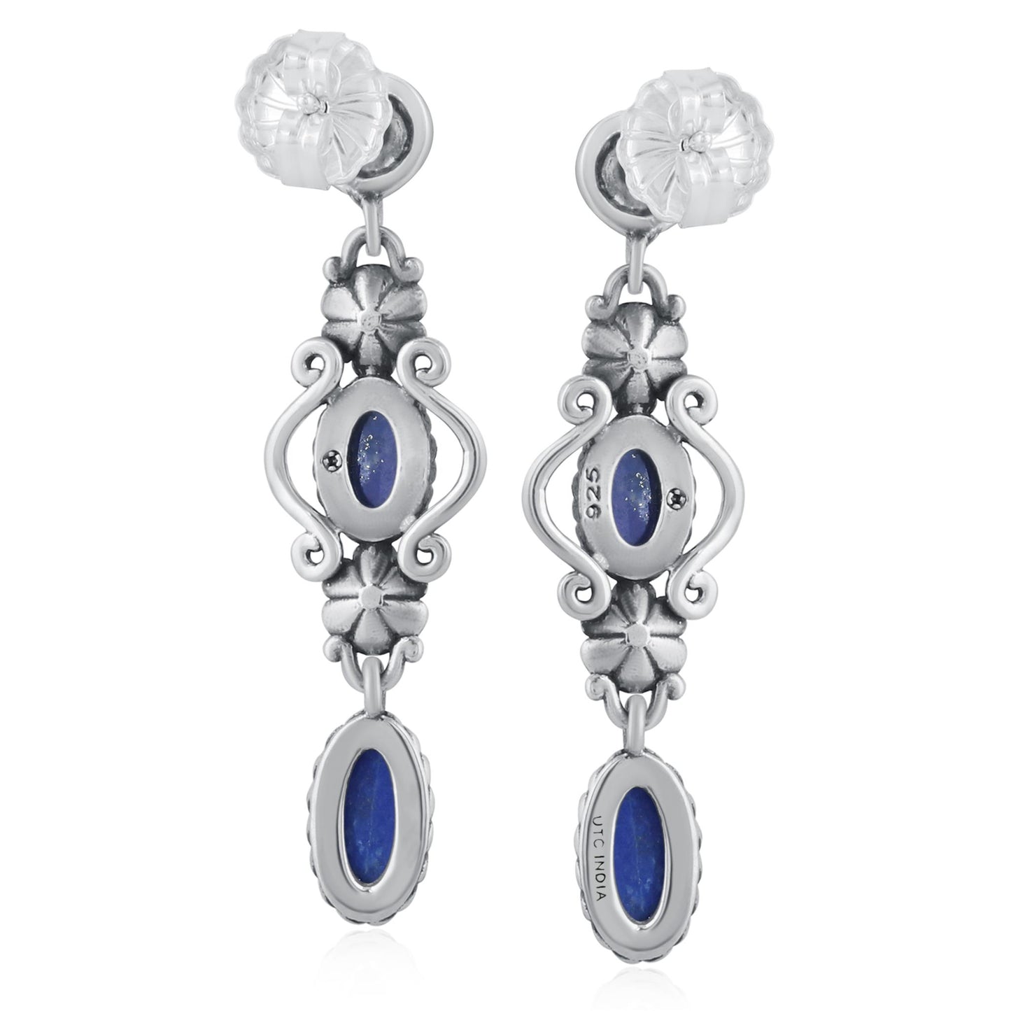Sterling Silver Lapis Gemstone Floral Dangle Earrings