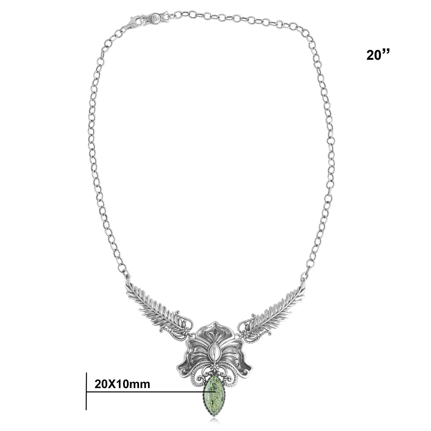 Sterling Silver Serpentine Cactus Flower Marquise Feather Necklace