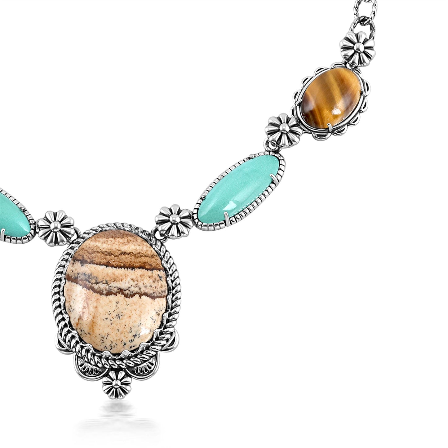 Sterling Silver Picture Jasper, Green Turquoise and Tiger's Eye Concha Station Necklace