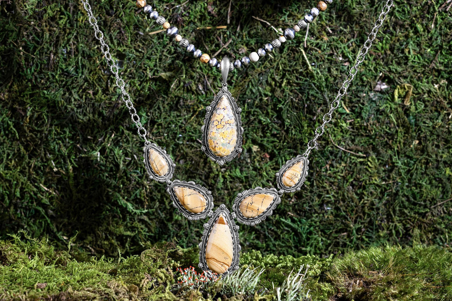 Sterling Silver Picture Jasper Pear-Shaped Gemstone Statement Necklace, 17 Inches