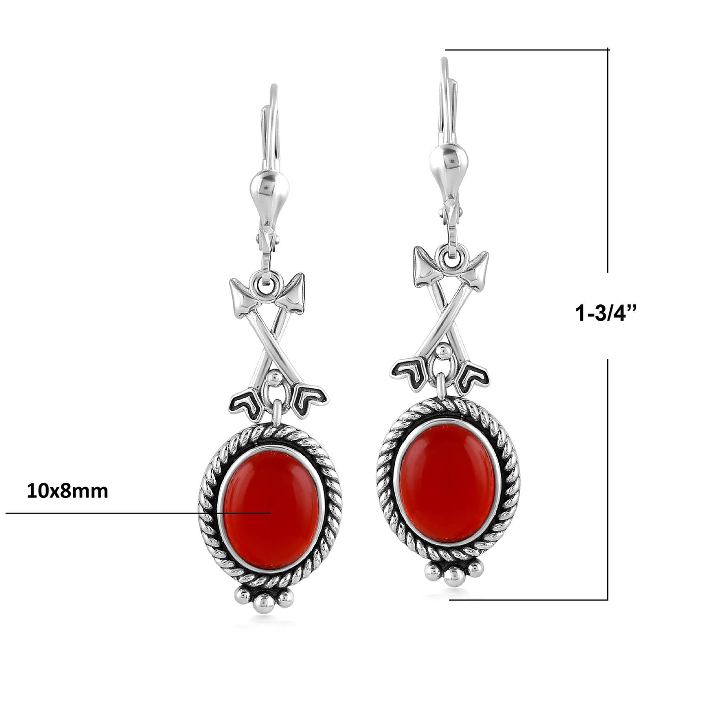 Sterling Silver Red Onyx Crossed Arrrow Drop and Dangle Earrings