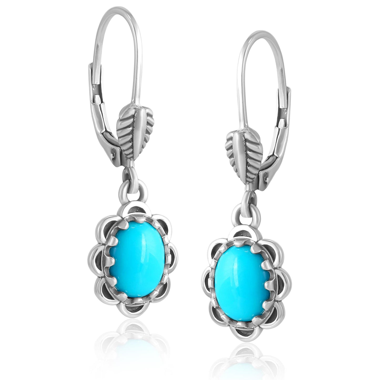 Sterling Silver Kingman Turquoise Concha Lever Back Dangle Earrings