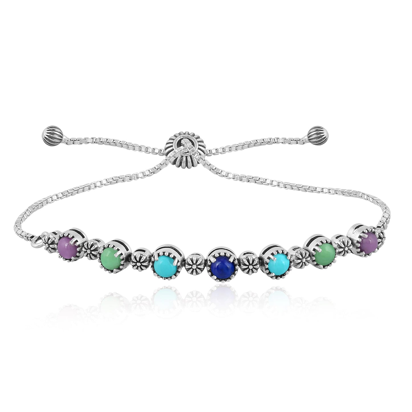 Sterling Silver Phosphosiderite, Turquoise, Variscite and Lapis Adjustable Friendship Bracelet