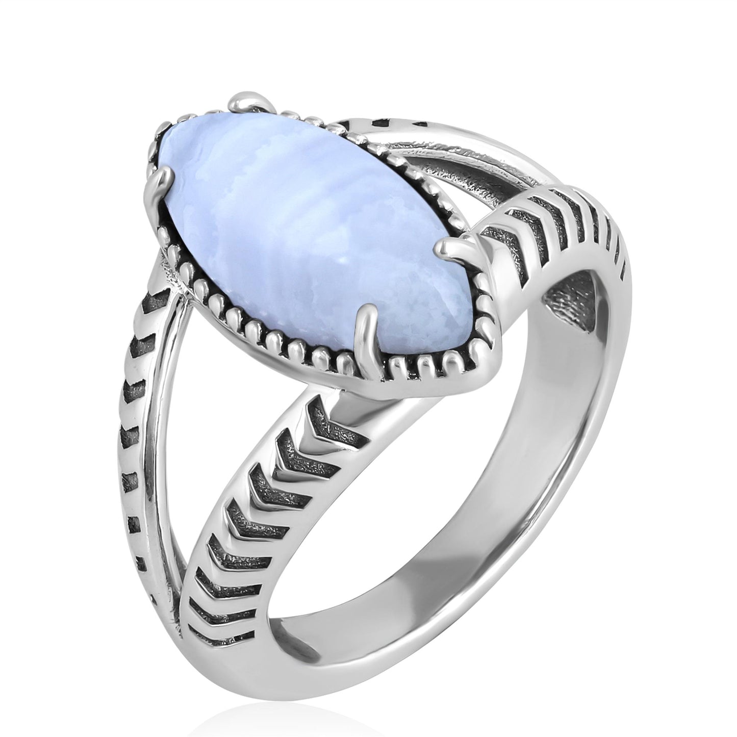 Sterling Silver Blue Lace Agate Marquise Split Shank Ring