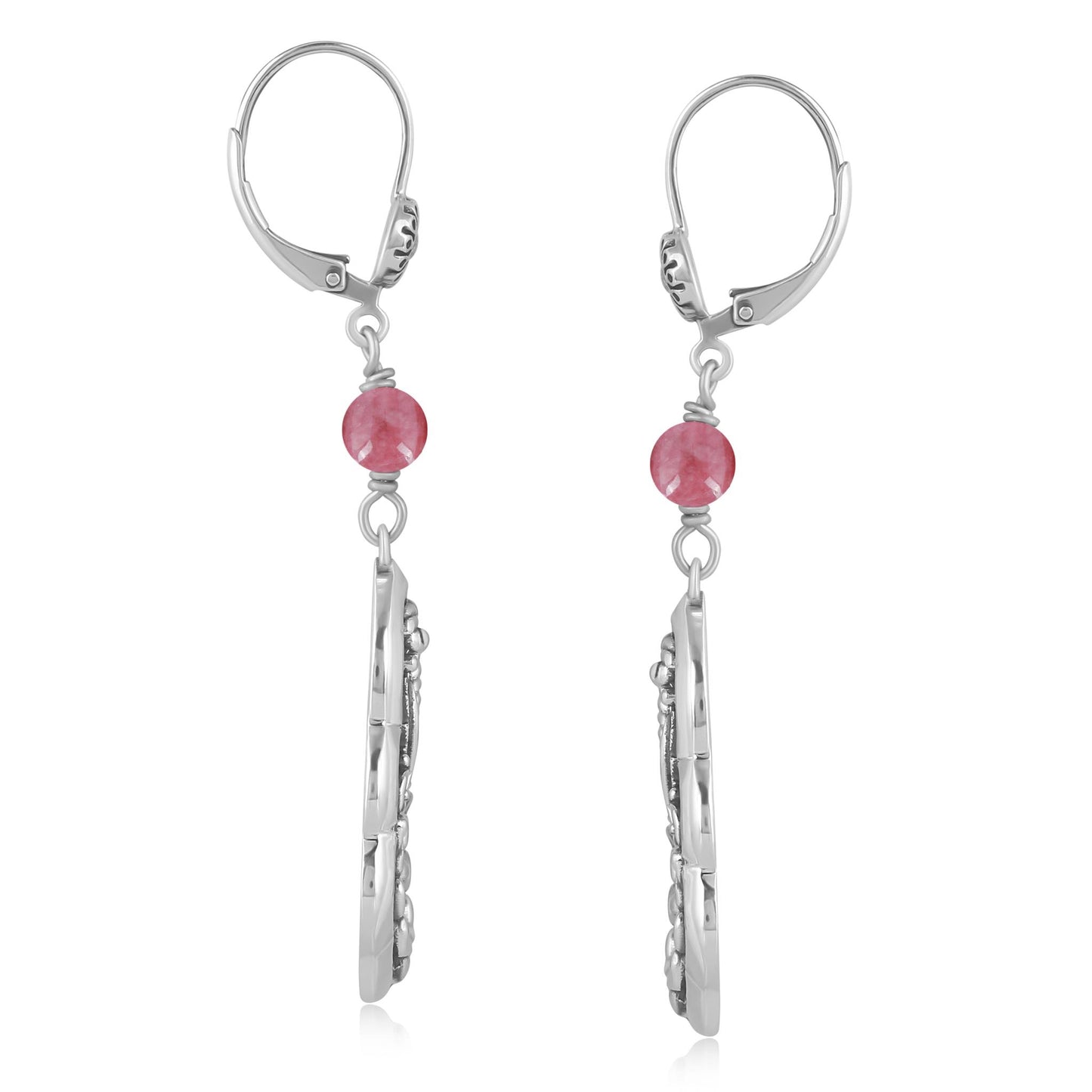 Sterling Silver Rhodonite Flower Gemstone Bead Lever Back Earrings