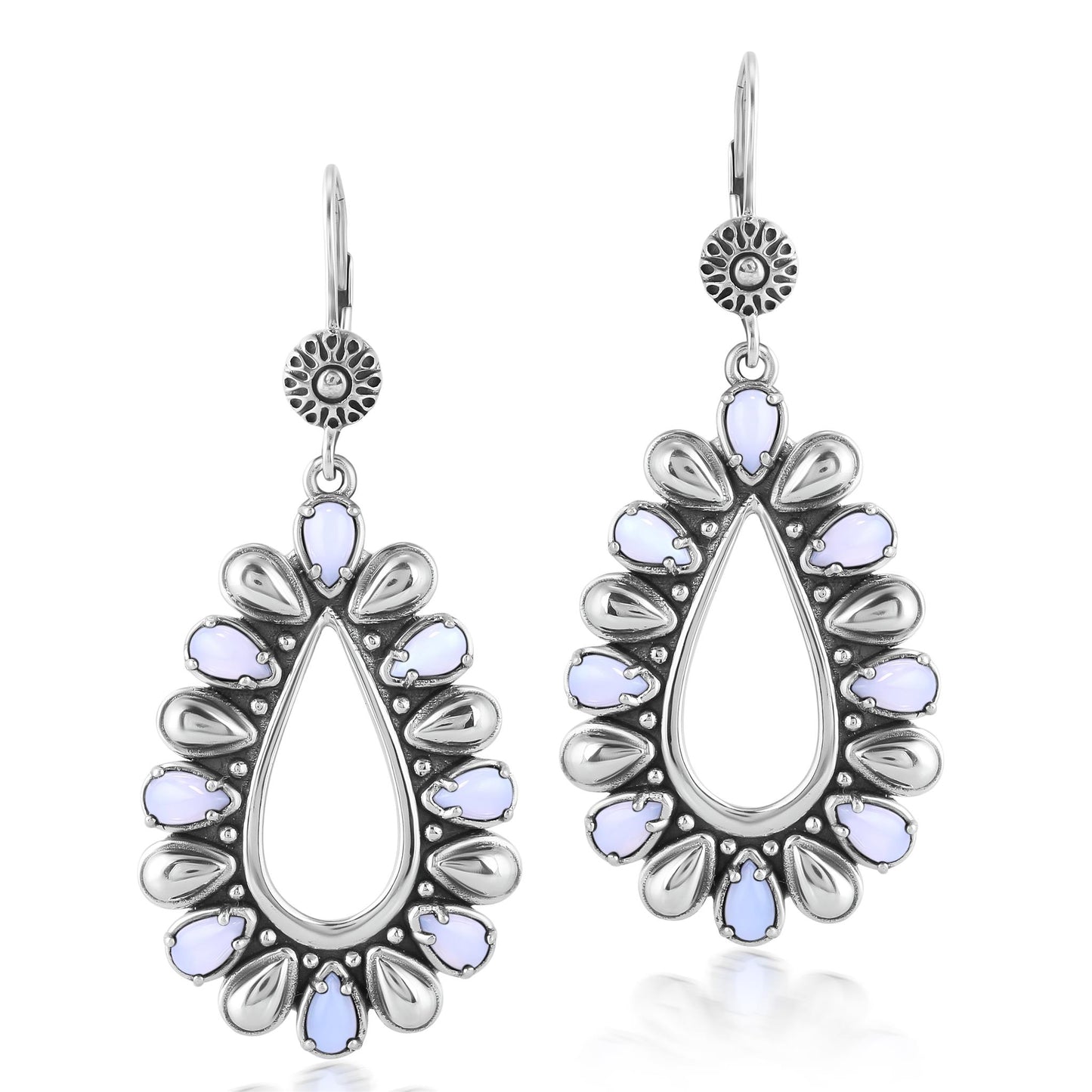 Sterling Silver Blue Lace Agate Open Teardrop Pear-Cut Dangle Earrings