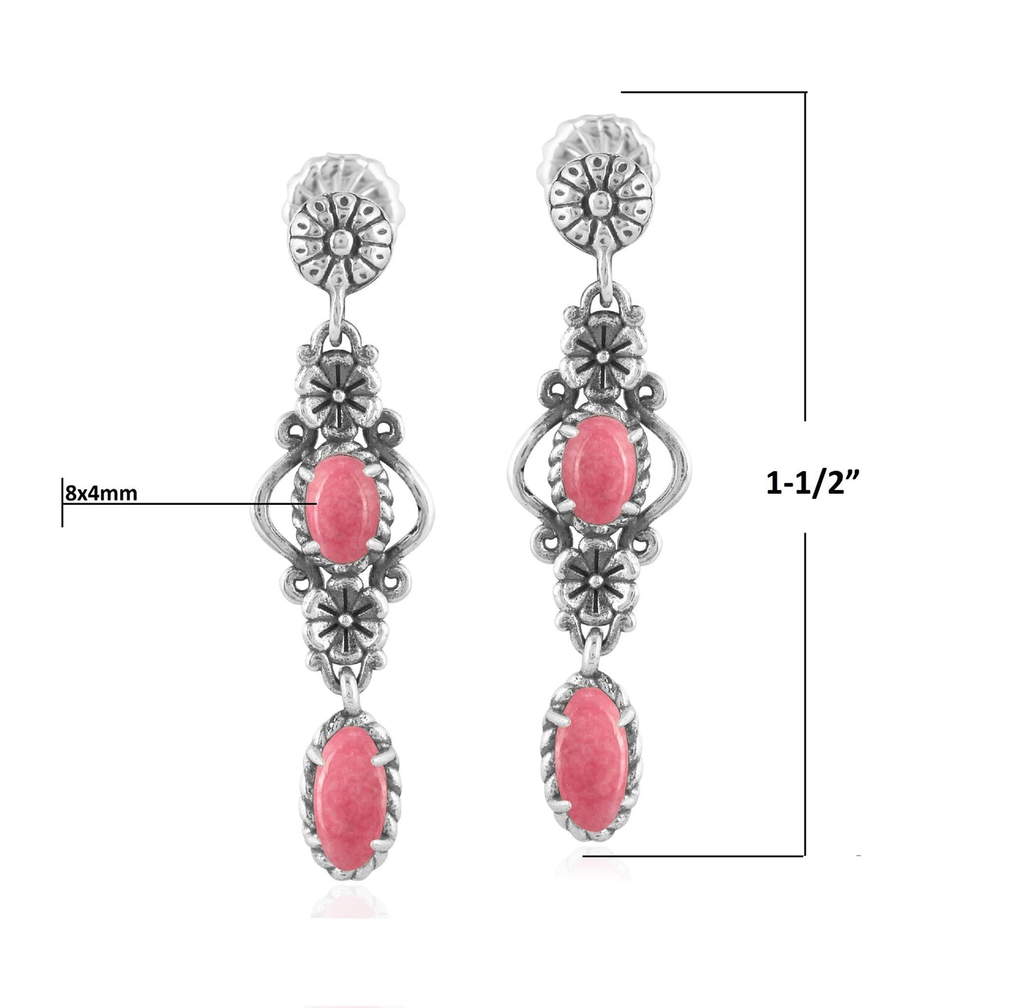 Sterling Silver Rhodonite Gemstone Floral Dangle Earrings