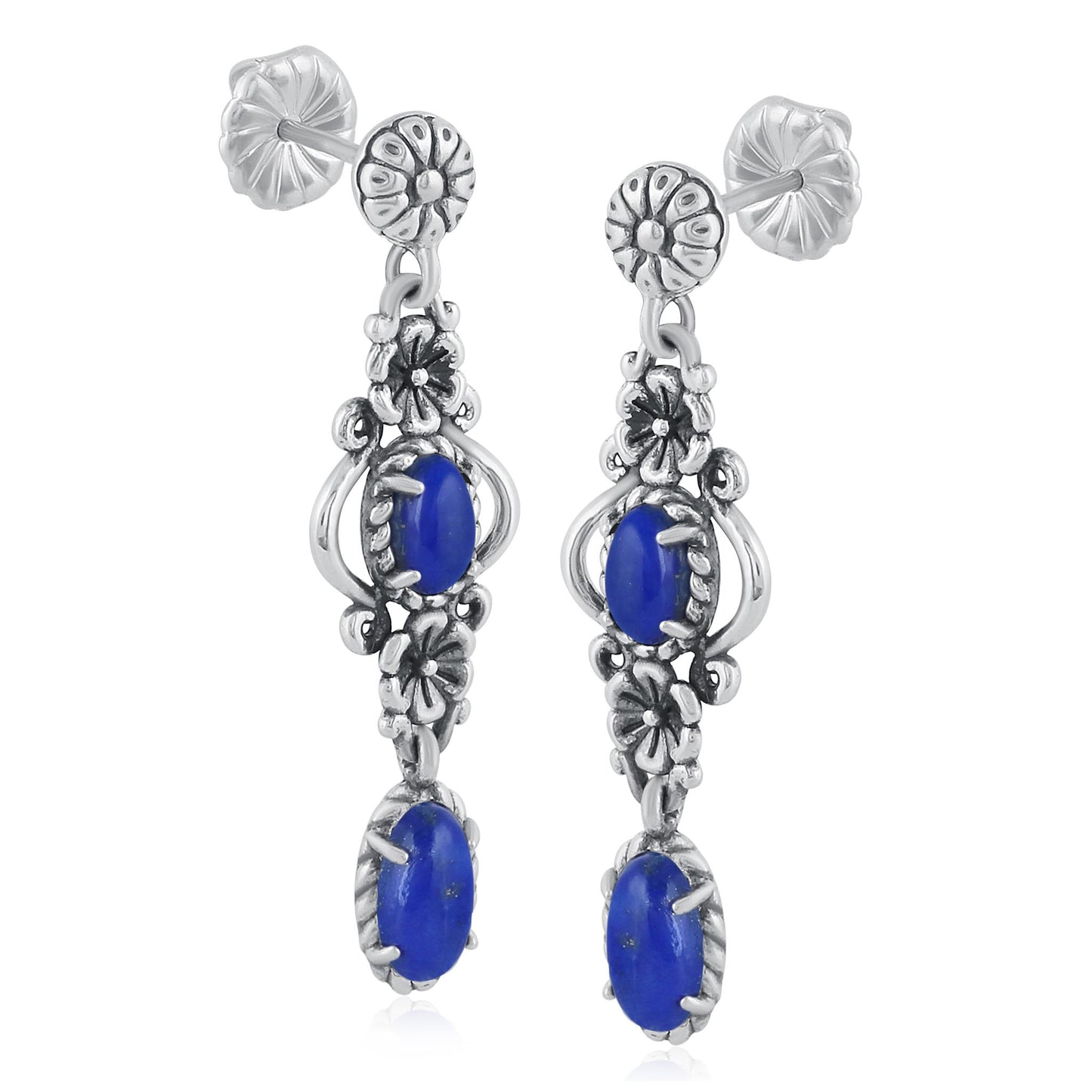 Sterling Silver Lapis Gemstone Floral Dangle Earrings