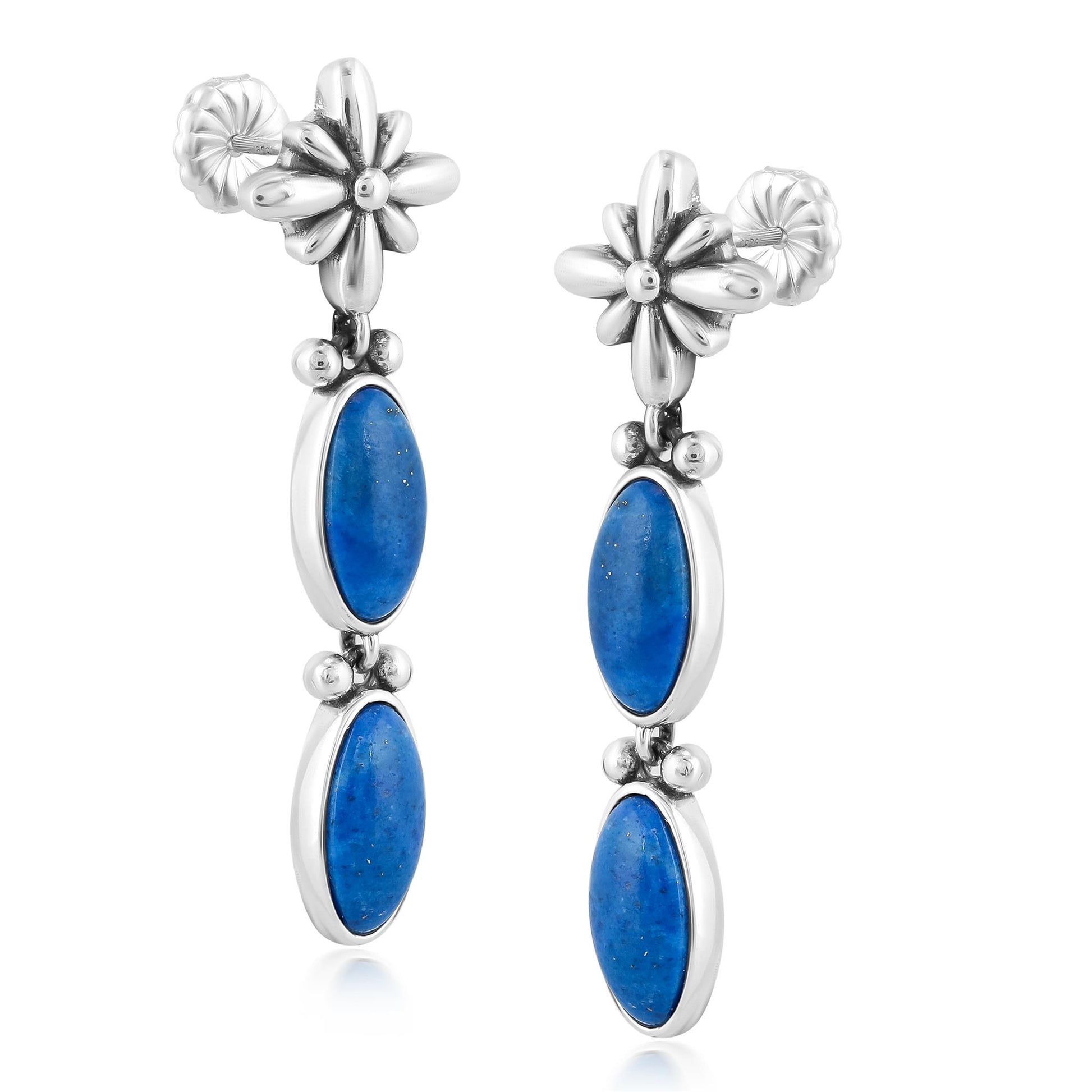 Sterling Silver Denim Lapis Oval Concha Dangle Earrings