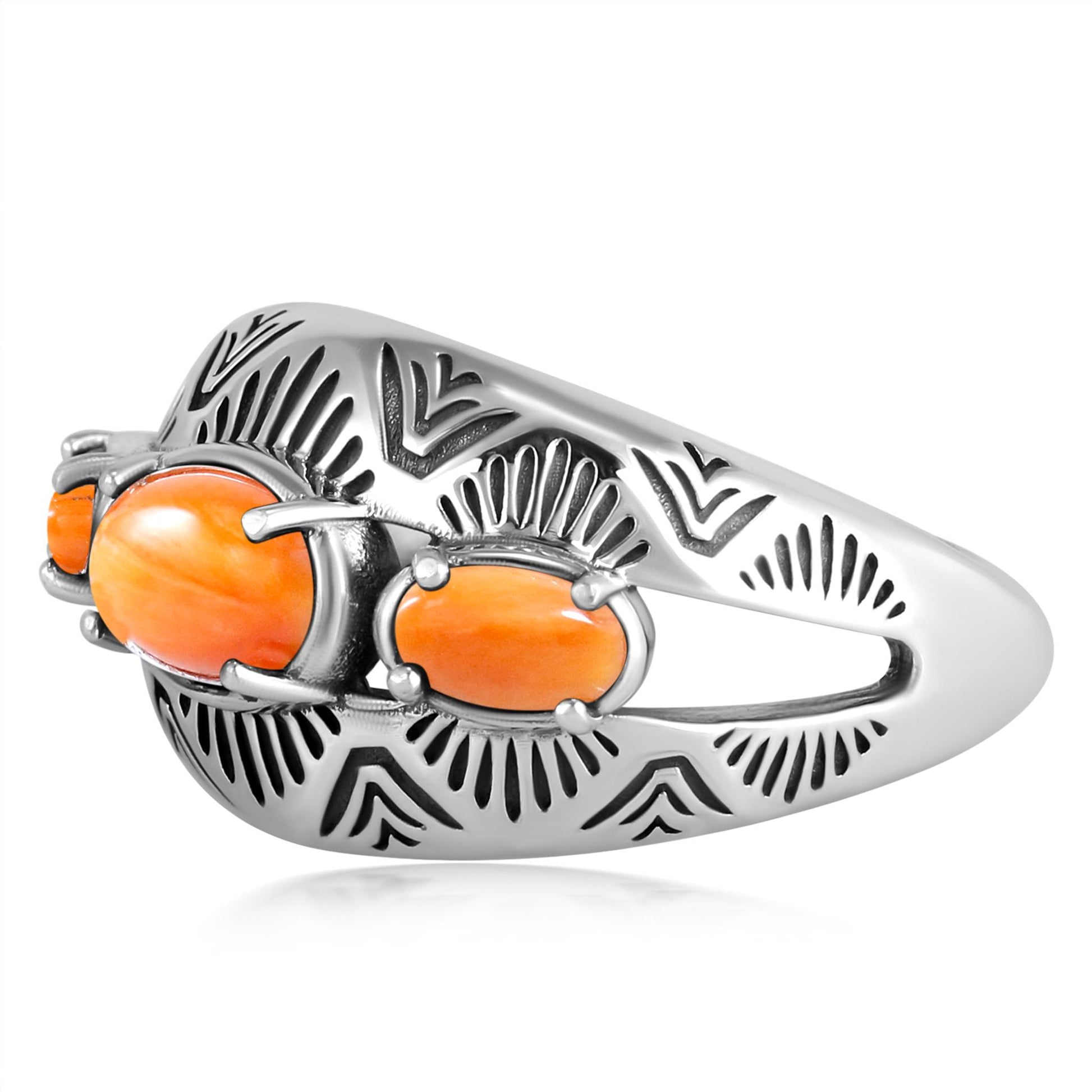 Sterling Silver Orange Spiny Oyster 3-Stone Oval Band Ring
