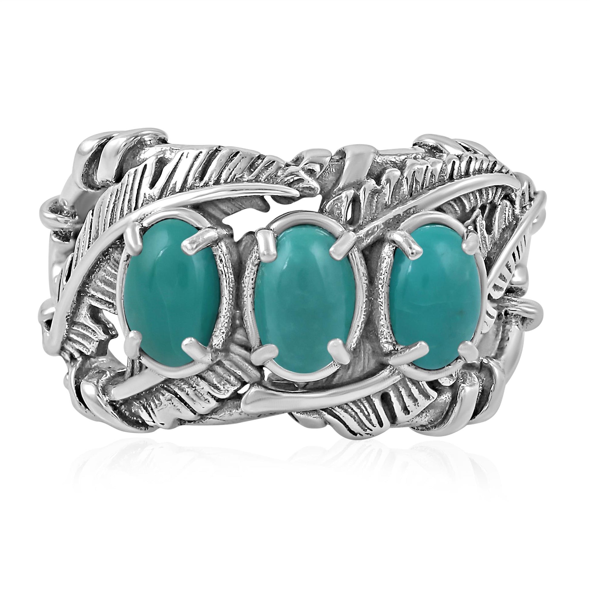 Sterling Silver Green Turquoise Three Stone Feather Ring