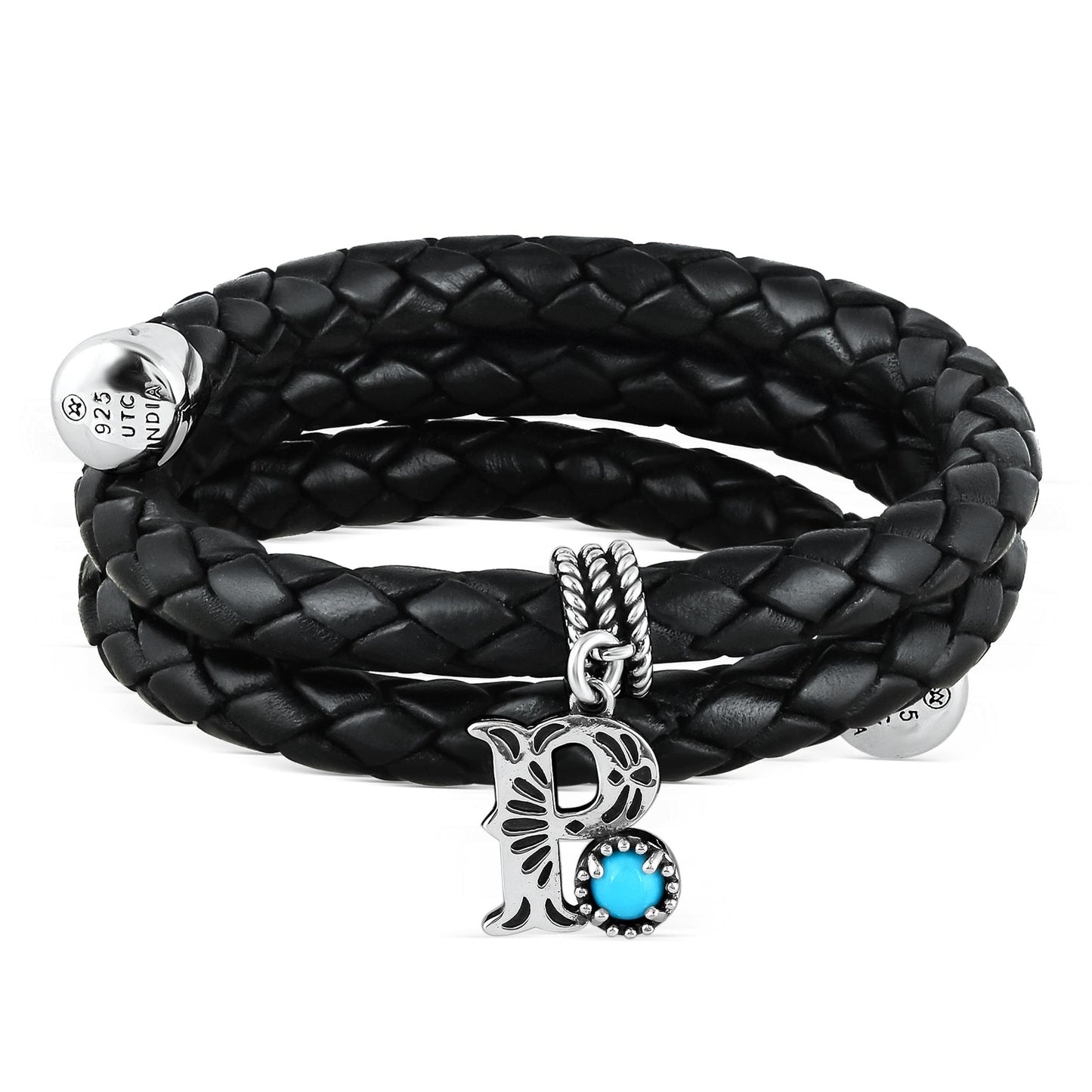 Sterling Silver Sleeping Beauty Turquoise Black Leather Initial "P" Coil Bracelet, 16 Inches