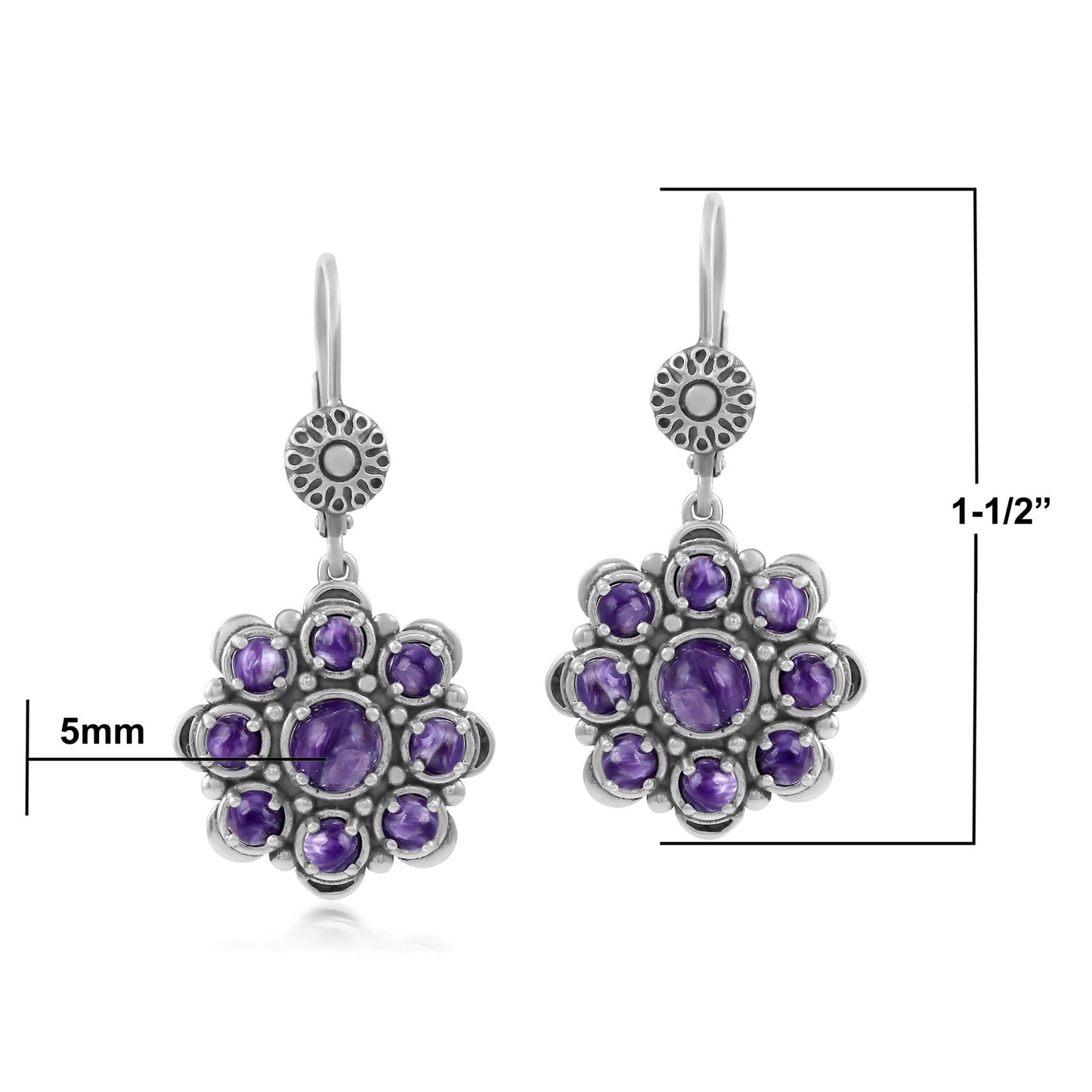 Sterling Silver Charoite Flower Cluster Earrings