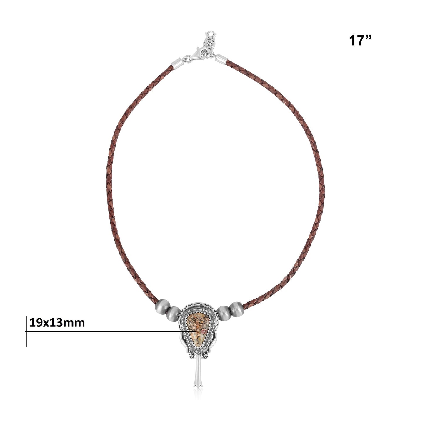 Sterling Silver Leopard Jasper Brown Leather Squash Blossom Necklace
