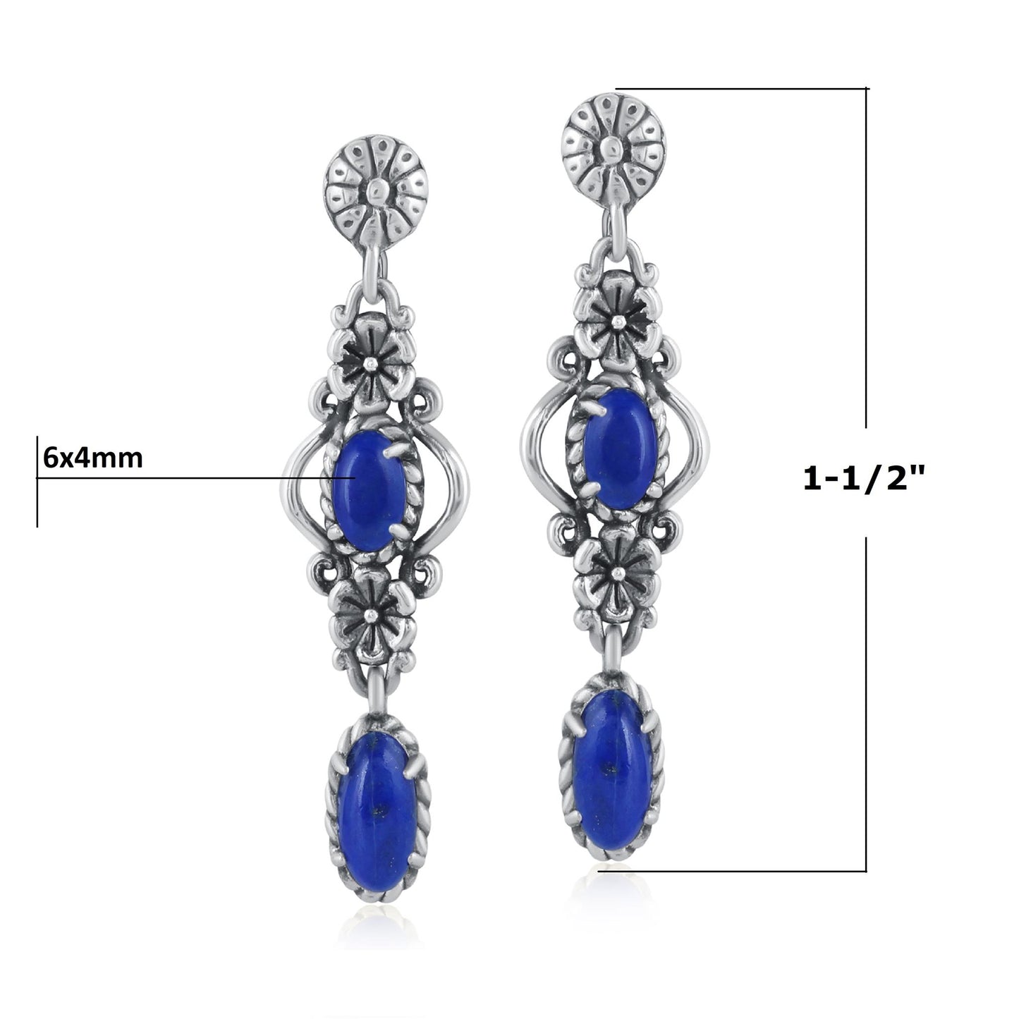 Sterling Silver Lapis Gemstone Floral Dangle Earrings