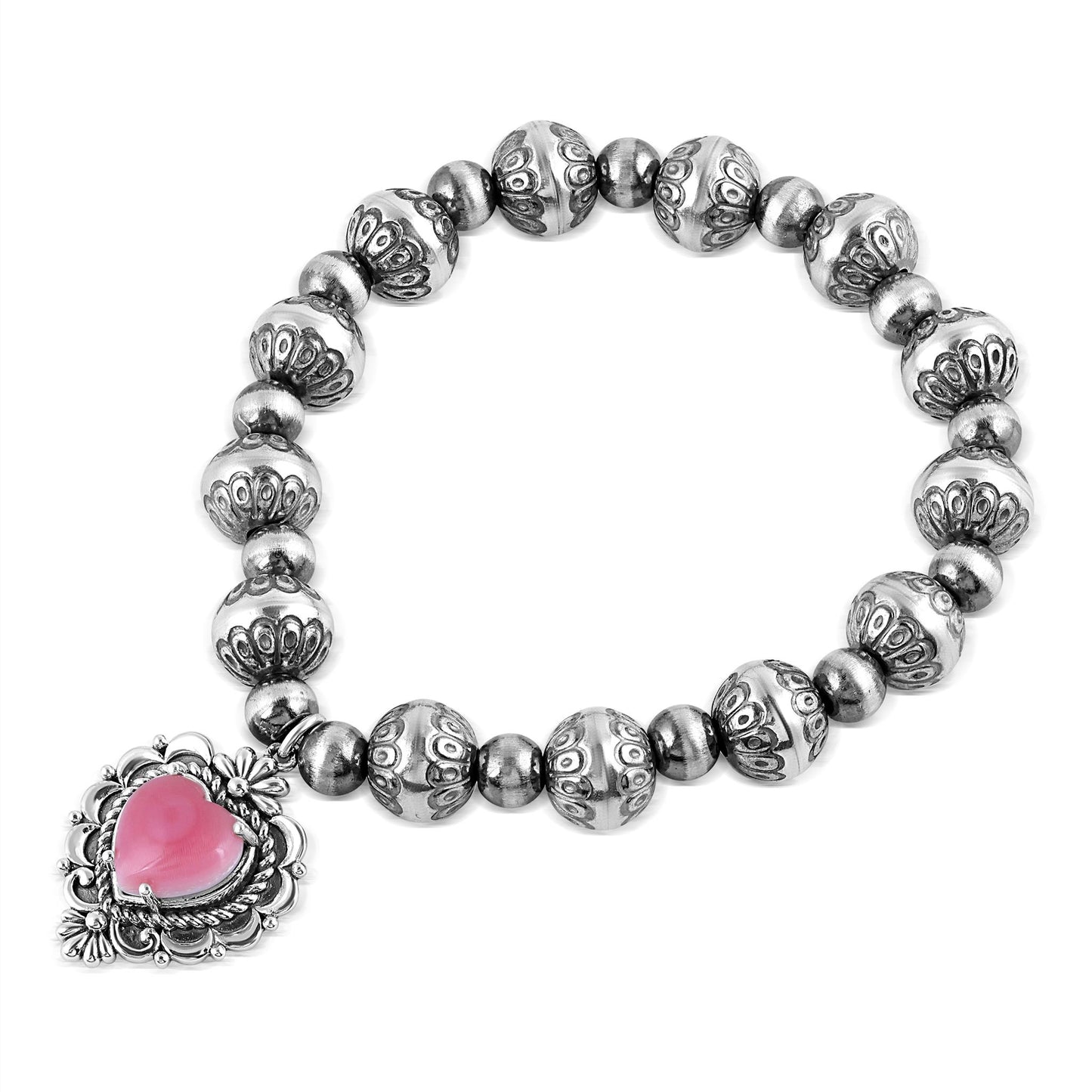 Sterling Silver Pink Concha Shell Heart Charm Bead Bracelet