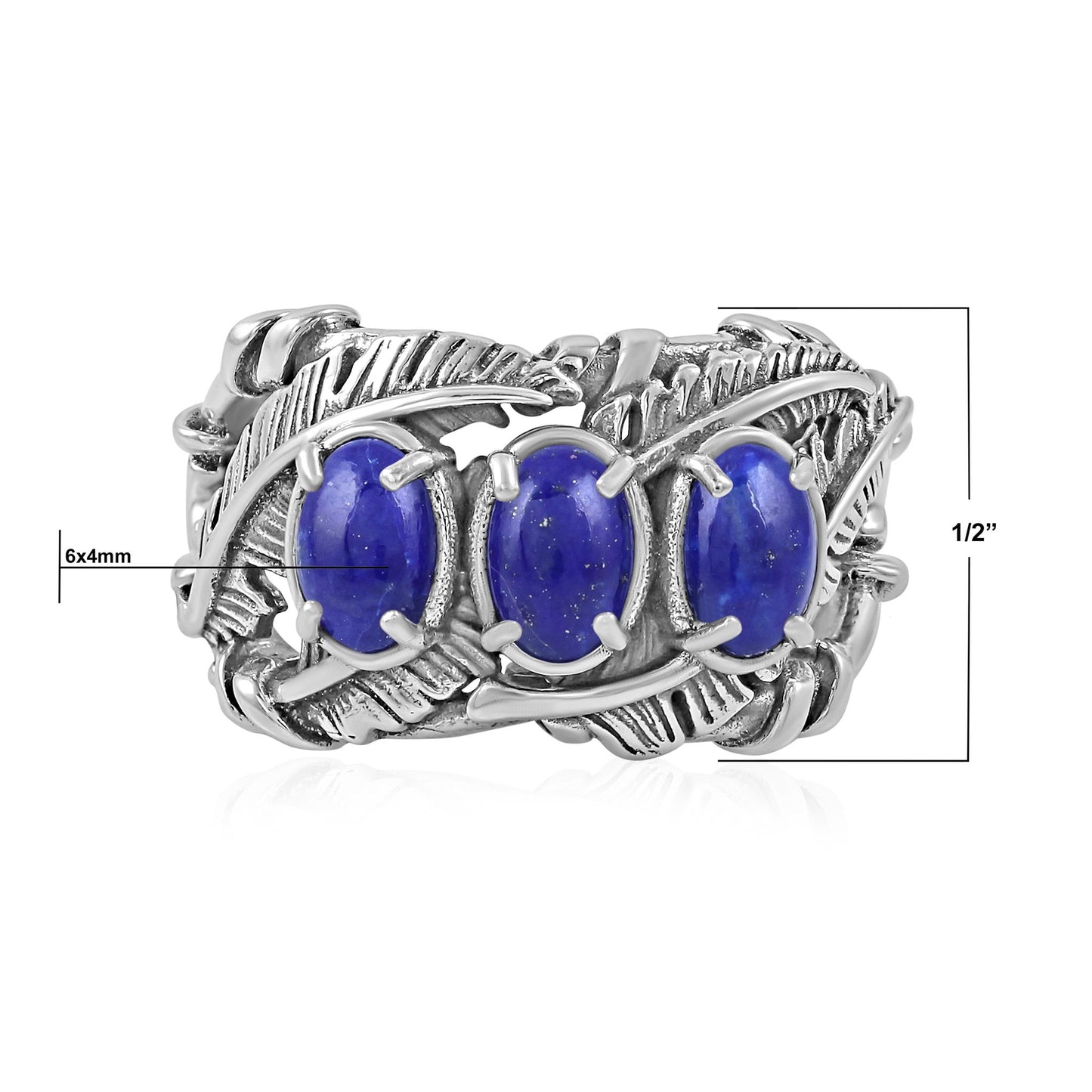 Sterling Silver Lapis Three Stone Feather Ring