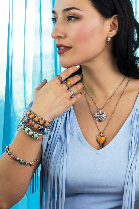 Sterling Silver Orange Spiny Oyster and Sleeping Beauty Turquoise Heart Pendant Enhancer